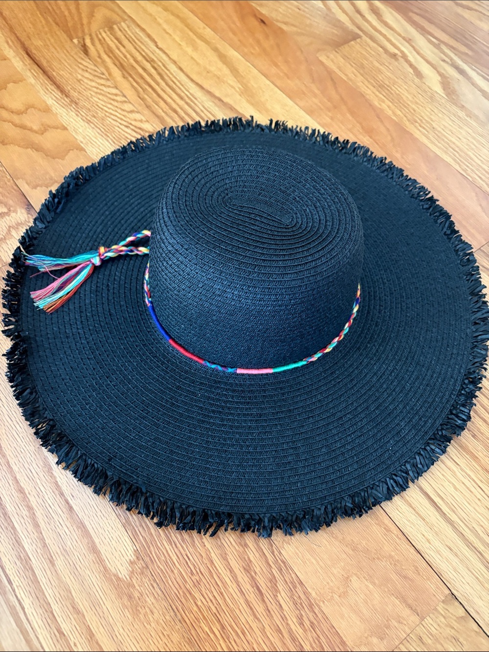 Magid Black Wide-Brim Straw Hat with Multicolor Braided Band